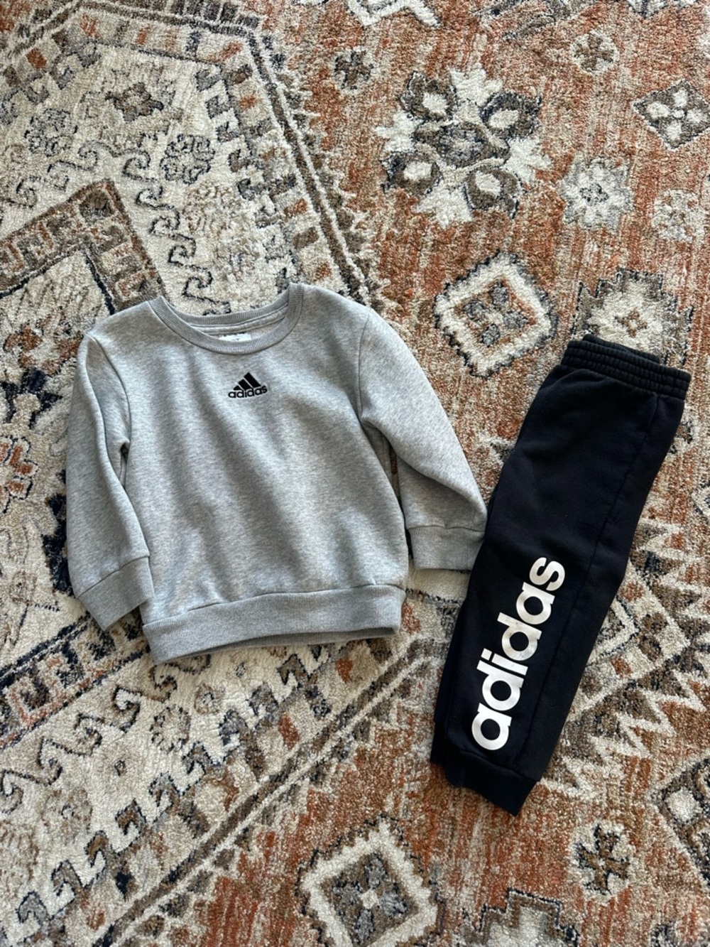 adidas Gray Crew Sweatshirt & Black Logo Joggers Kids Set 2T